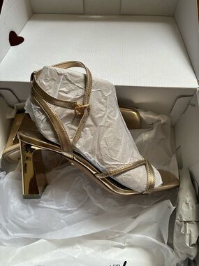 Aldo Metallic Gold Strappy Block Heel Sandals